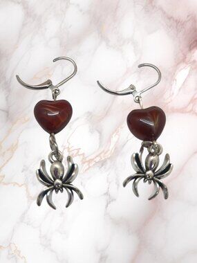 Red Heart Spider Dangly Earrings